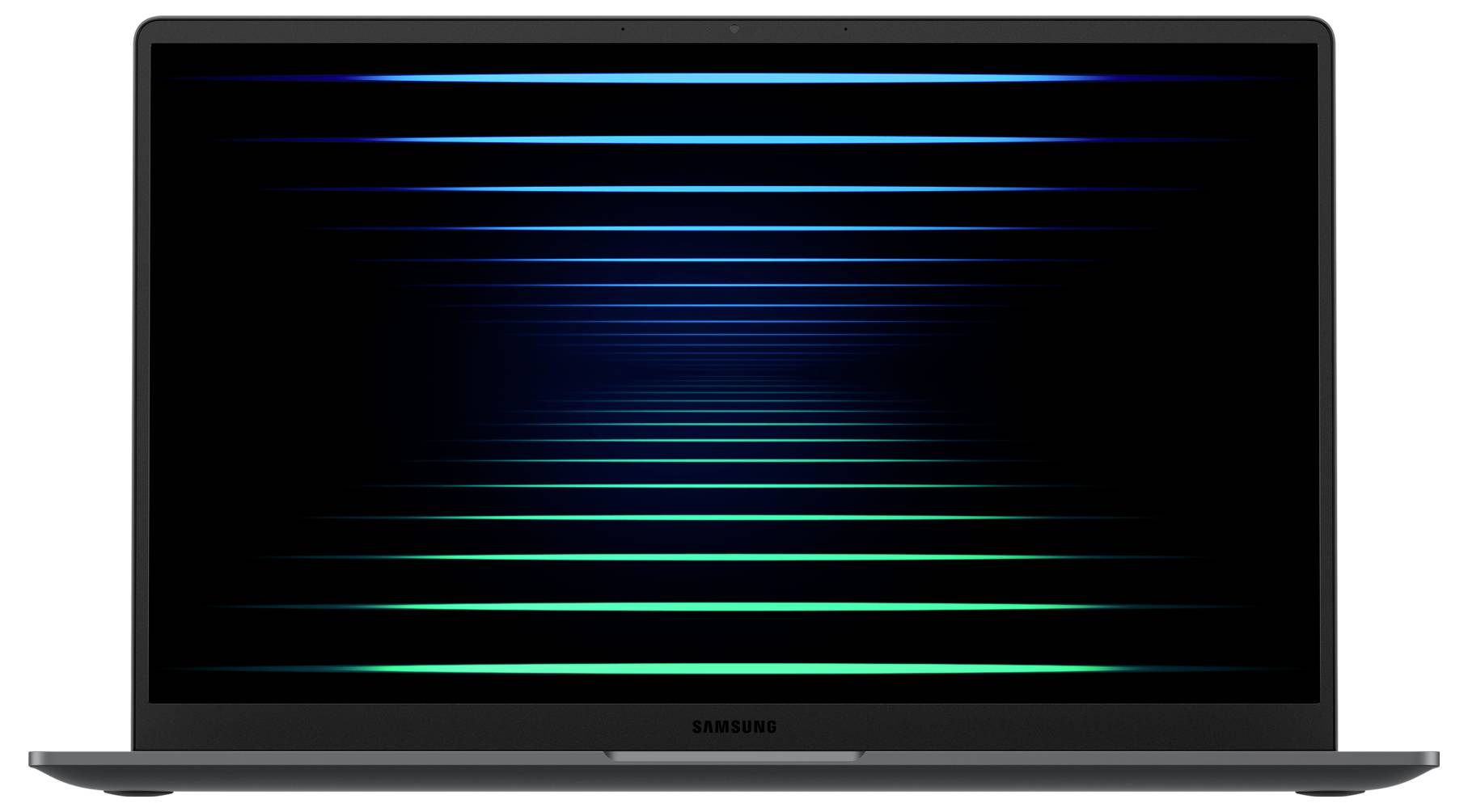 Ein Samsung-Laptop mit einem leuchtenden blau-grünen Liniennmuster auf seinem Bildschirm, das einen futuristischen Tunneleffekt erzeugt.