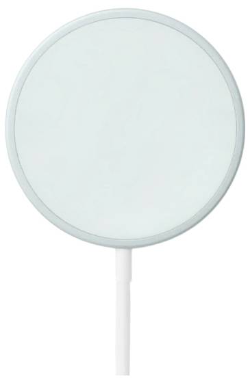 Ein rundes, weißes Ladegerät mit einem Kabel, das zum kabellosen Aufladen von elektronischen Geräten entwickelt wurde.