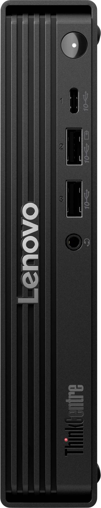 Ein kompakter schwarzer Lenovo ThinkCentre Desktop-Computer mit USB-Anschlüssen und einem Einschaltknopf auf der Vorderseite.