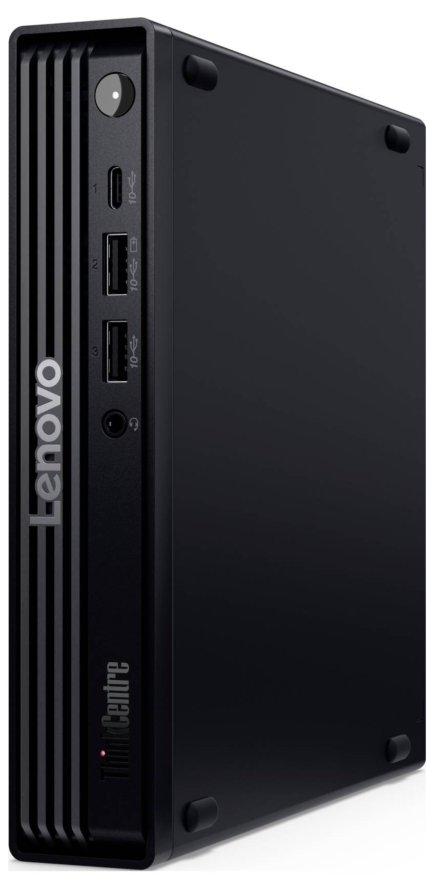 Ein schwarzer Lenovo ThinkCentre Mini-Desktop, der das Frontpanel mit Logo, USB-Anschlüssen und Powerbutton zeigt, von rechts schräg aufgenommen.