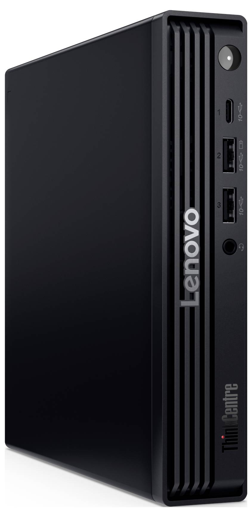 Ein schlanker, schwarzer Lenovo ThinkCentre Desktop-Tower mit Lüftungsgittern, USB-Anschlüssen und einem Einschaltknopf an der Frontseite.