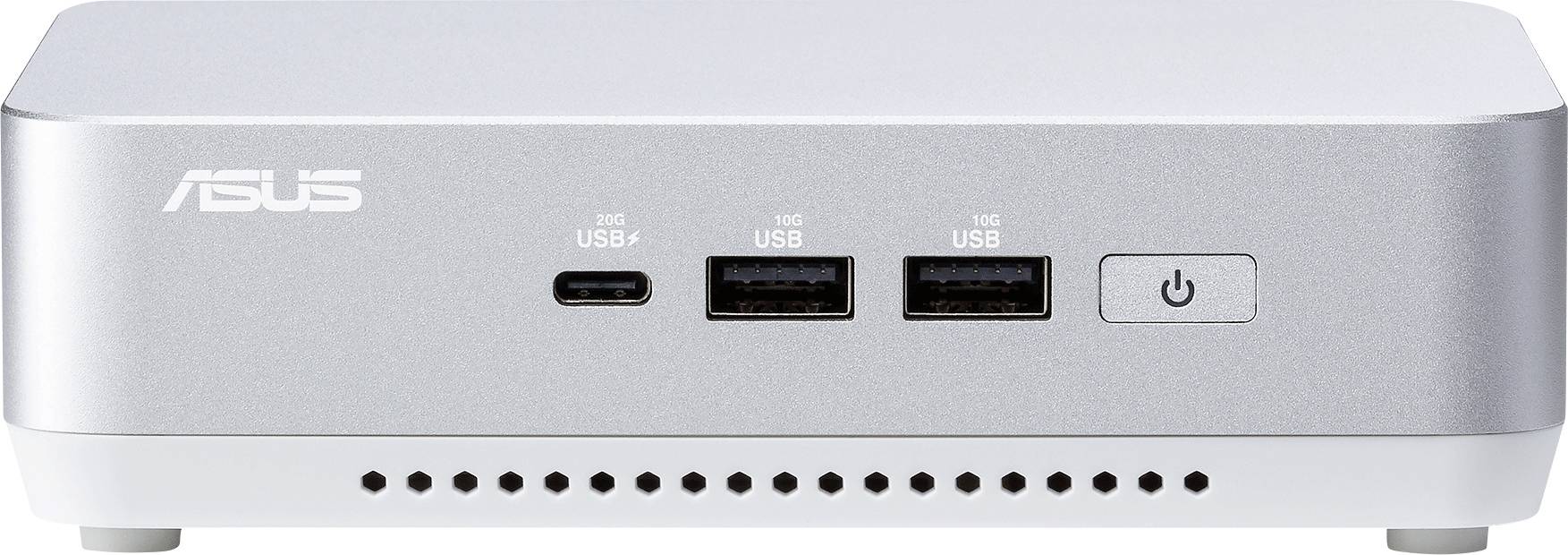 Ein silberner Asus Mini-PC mit drei USB-Anschlüssen und einem Einschaltknopf auf der Frontplatte.