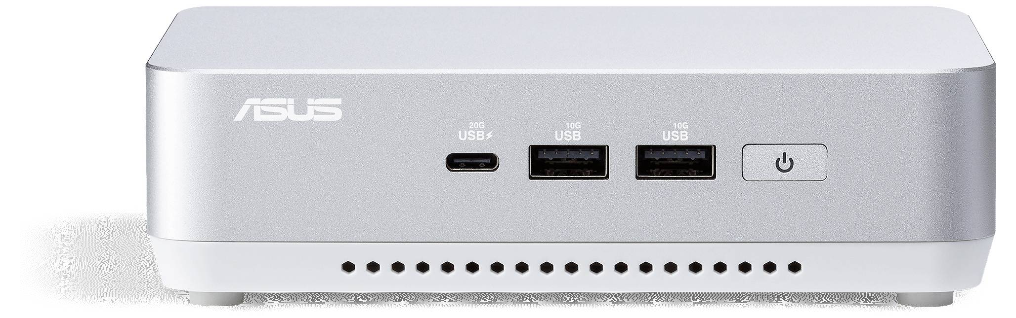Ein kompakter silberner ASUS Mini-PC mit zwei USB-Anschlüssen, einem USB-C-Anschluss und einem Einschaltknopf an der Vorderseite.
