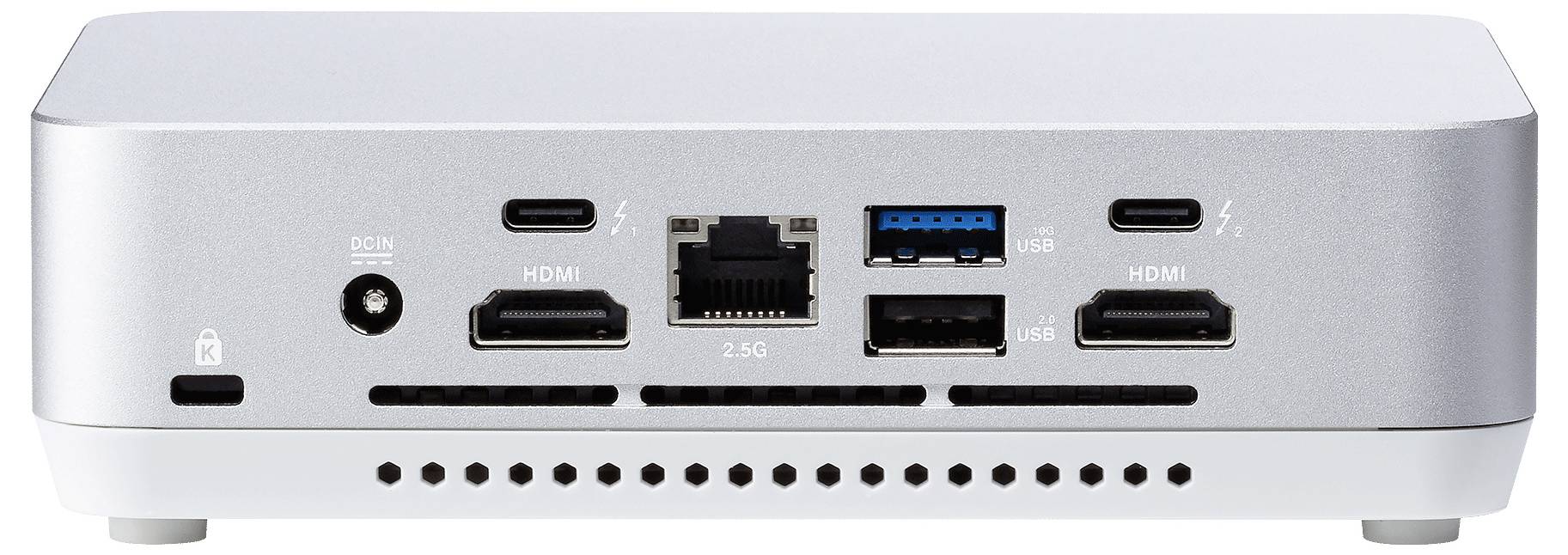 Eine kompakte Computers Rückansicht mit verschiedenen Anschlüssen: zwei USB-C, zwei HDMI, Ethernet, USB 3.0, USB 2.0 und einen Netzteilanschluss.