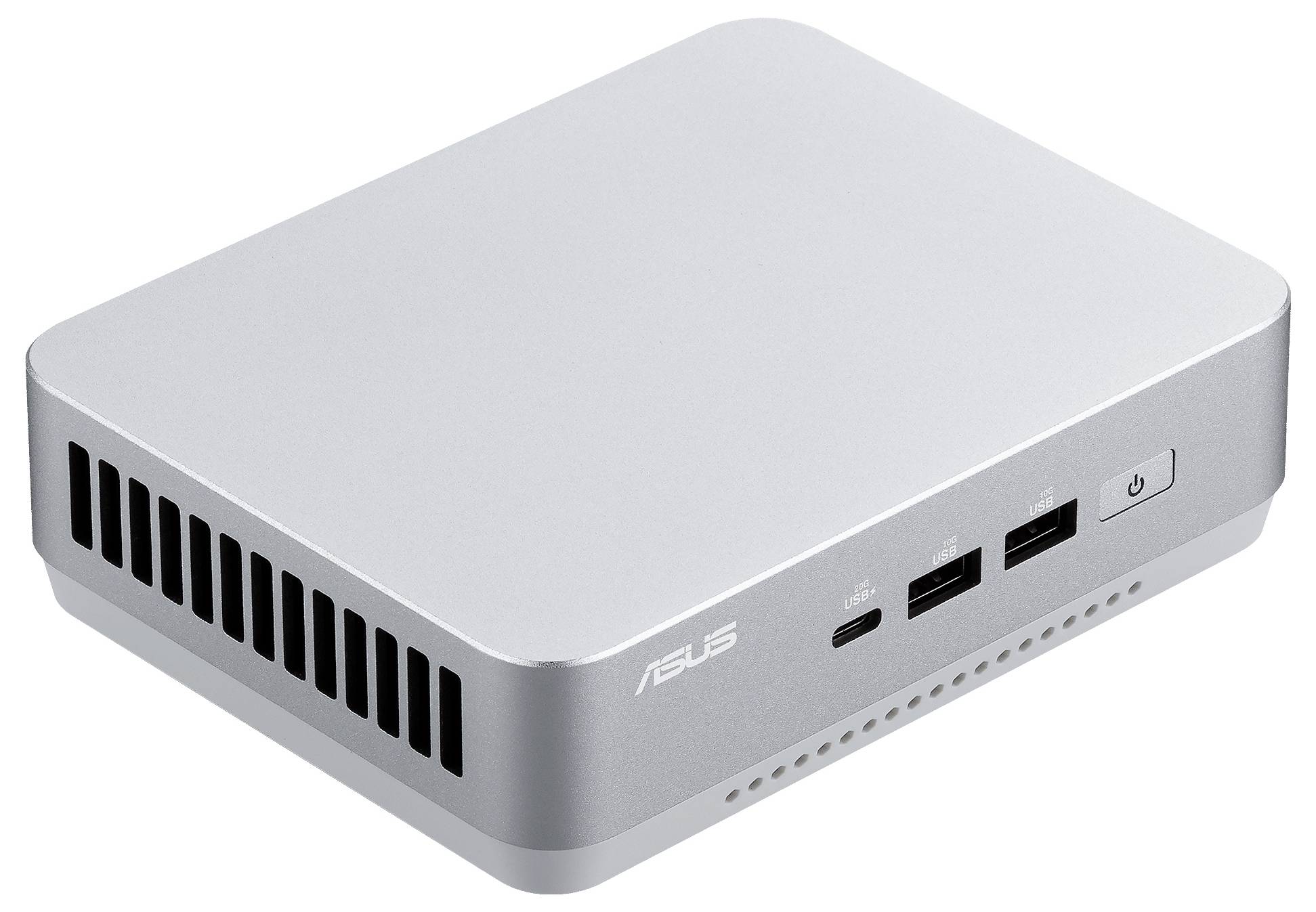 Ein kompaktes, silbernes ASUS-Computergehäuse mit mehreren USB-Anschlüssen und einem Einschaltknopf an der Front, konzipiert für effizientes Computing in kleinen Räumen.