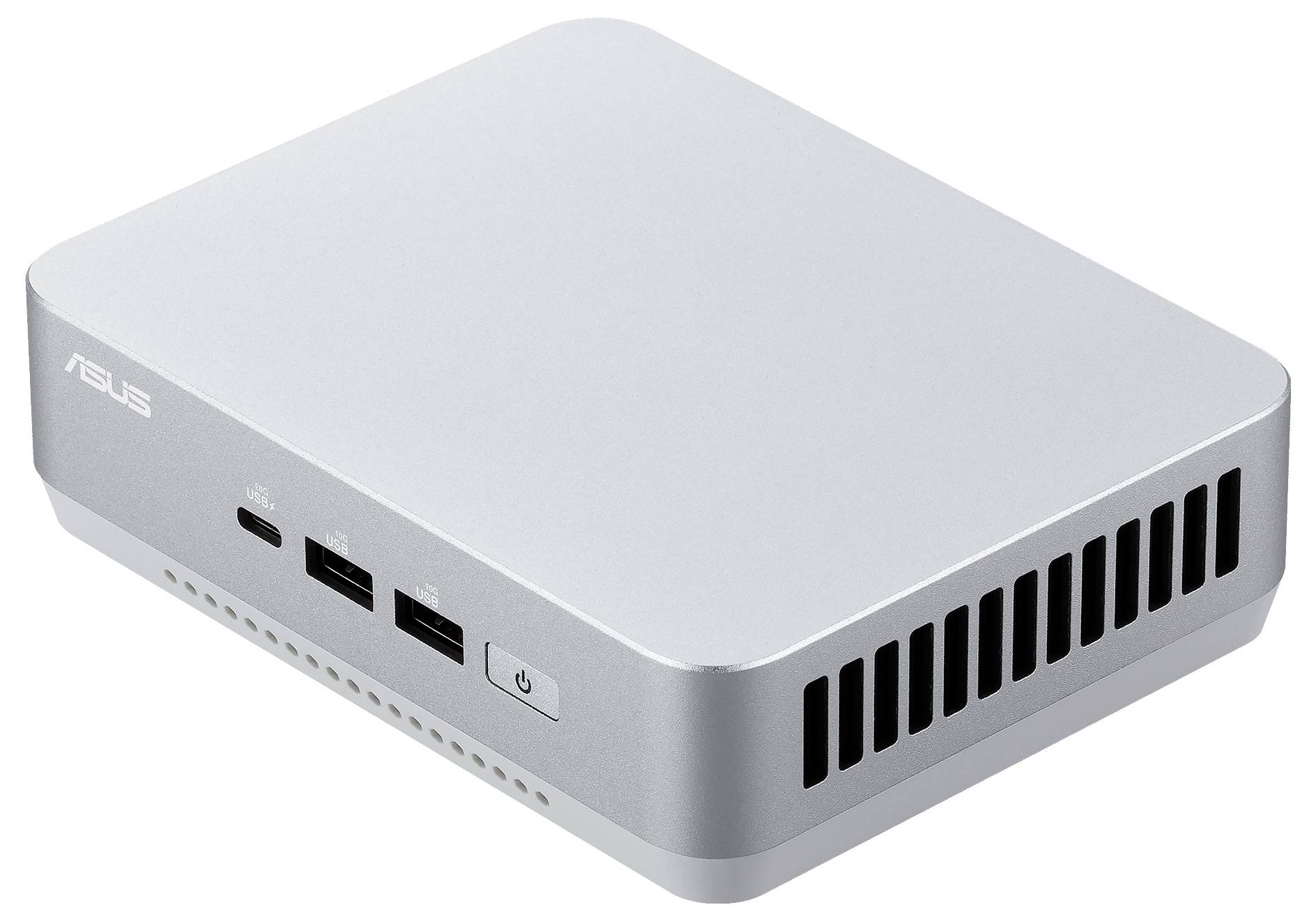 Ein silberner ASUS Mini-PC mit Lüftungsschlitzen, zwei USB-Anschlüssen, einem HDMI-Anschluss und einem Einschaltknopf auf dem Frontpanel.