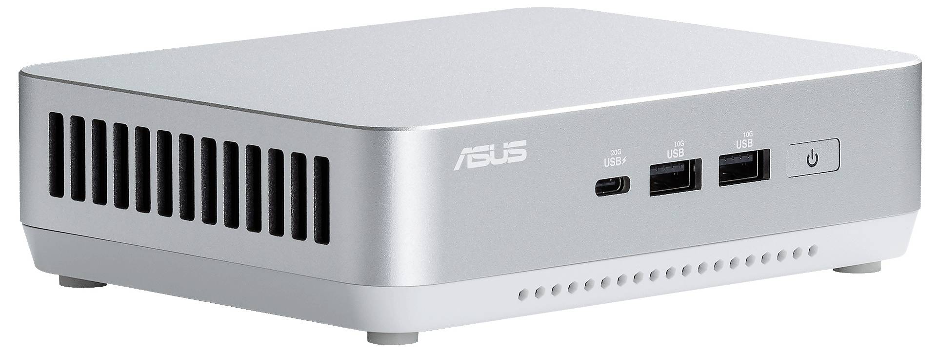 Ein rechteckiger silberner ASUS Mini-PC mit zwei USB-Anschlüssen, einem USB-C-Anschluss und einem Einschaltknopf an der Vorderseite.
