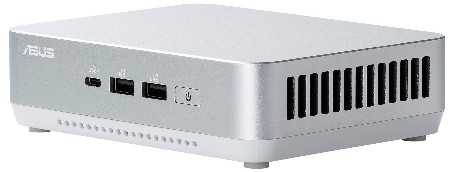 Ein kompakter silberner Asus-Computer mit zwei USB-Anschlüssen, Lüftungsöffnungen und einem Einschaltknopf auf der Vorderseite.