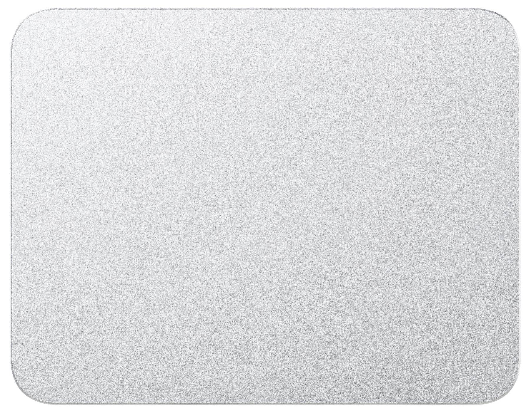 Ein rechteckiges, schlichtes silbernes Metallblech mit abgerundeten Ecken, wahrscheinlich als Material oder Hintergrund verwendet.