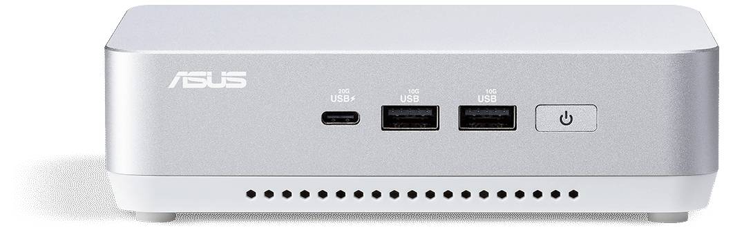 Ein silberner und weißer Mini-Desktop-Computer mit USB-C, zwei USB-A-Anschlüssen, Einschaltknopf auf der Vorderseite. Markenname 'ASUS' in der oberen linken Ecke.