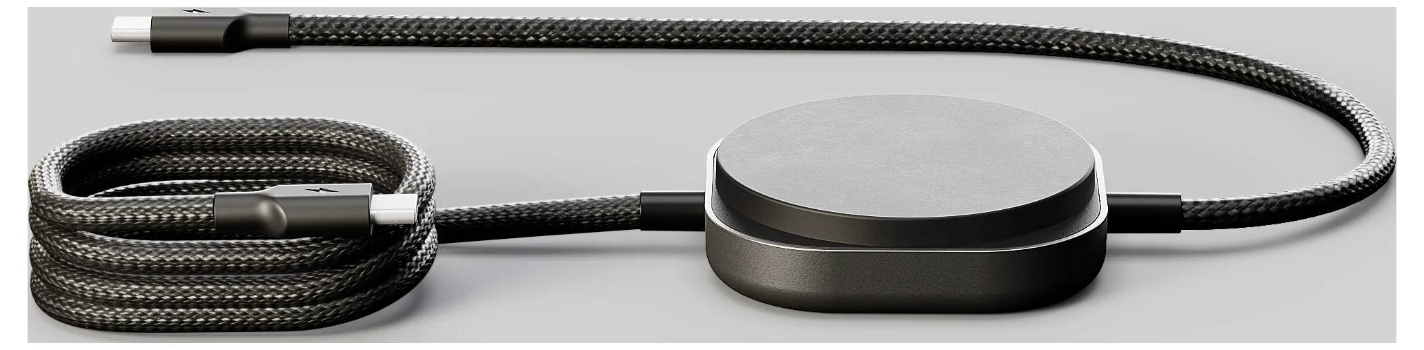 Ein geflochtenes USB-Kabel mit einem gespulten Abschnitt neben einer runden, flachen Ladestation, die für bequemes Aufladen von Geräten entwickelt wurde.