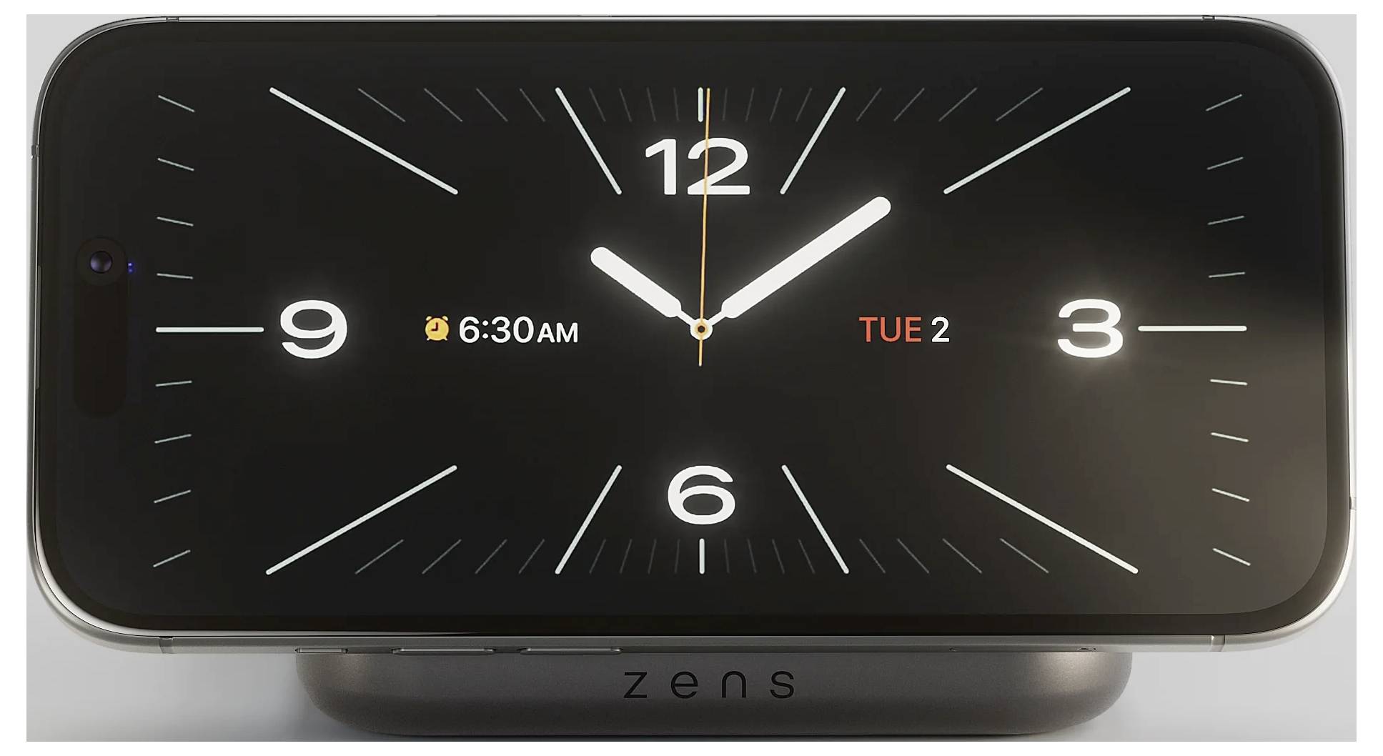 Eine digitale Uhranzeigetafel, die die Zeit als 6:30 Uhr morgens am Dienstag, dem 2., zeigt. Das Zifferblatt ähnelt einem analogen Stil mit fetten Stundenmarkierungen.