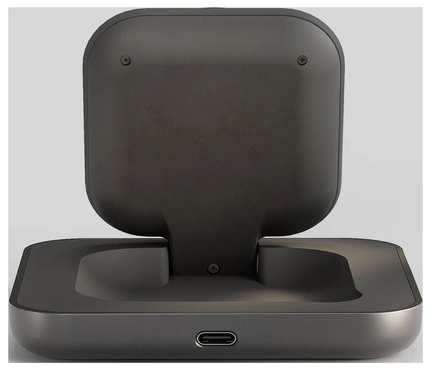 Ein offenes Ladeetui mit einem USB-C-Anschluss, das für das Aufbewahren und Laden von drahtlosen Ohrhörern konzipiert ist.