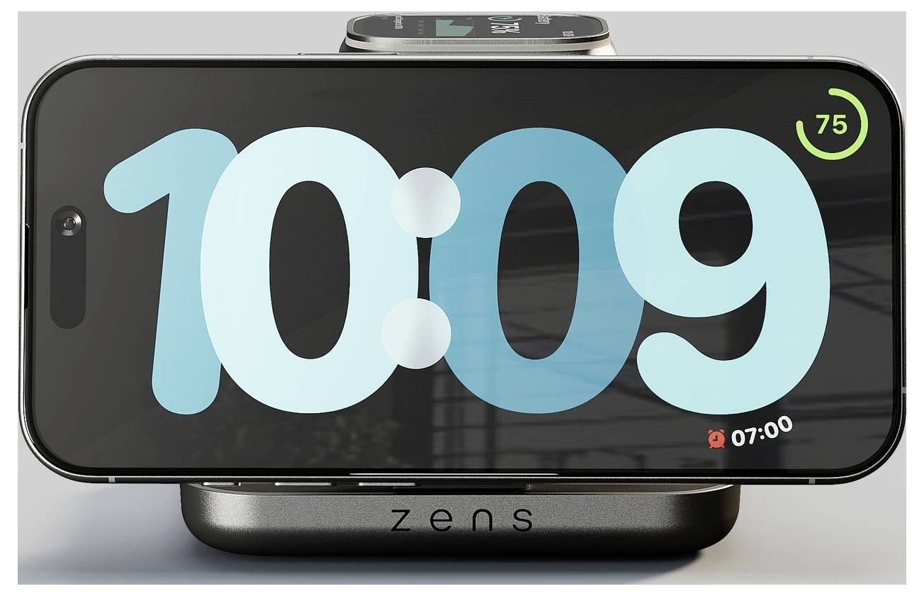 Ein Smartphone auf einer kabellosen Ladestation zeigt die Uhrzeit 10:09, den Akku bei 75% und einen Alarm, der für 07:00 Uhr eingestellt ist.
