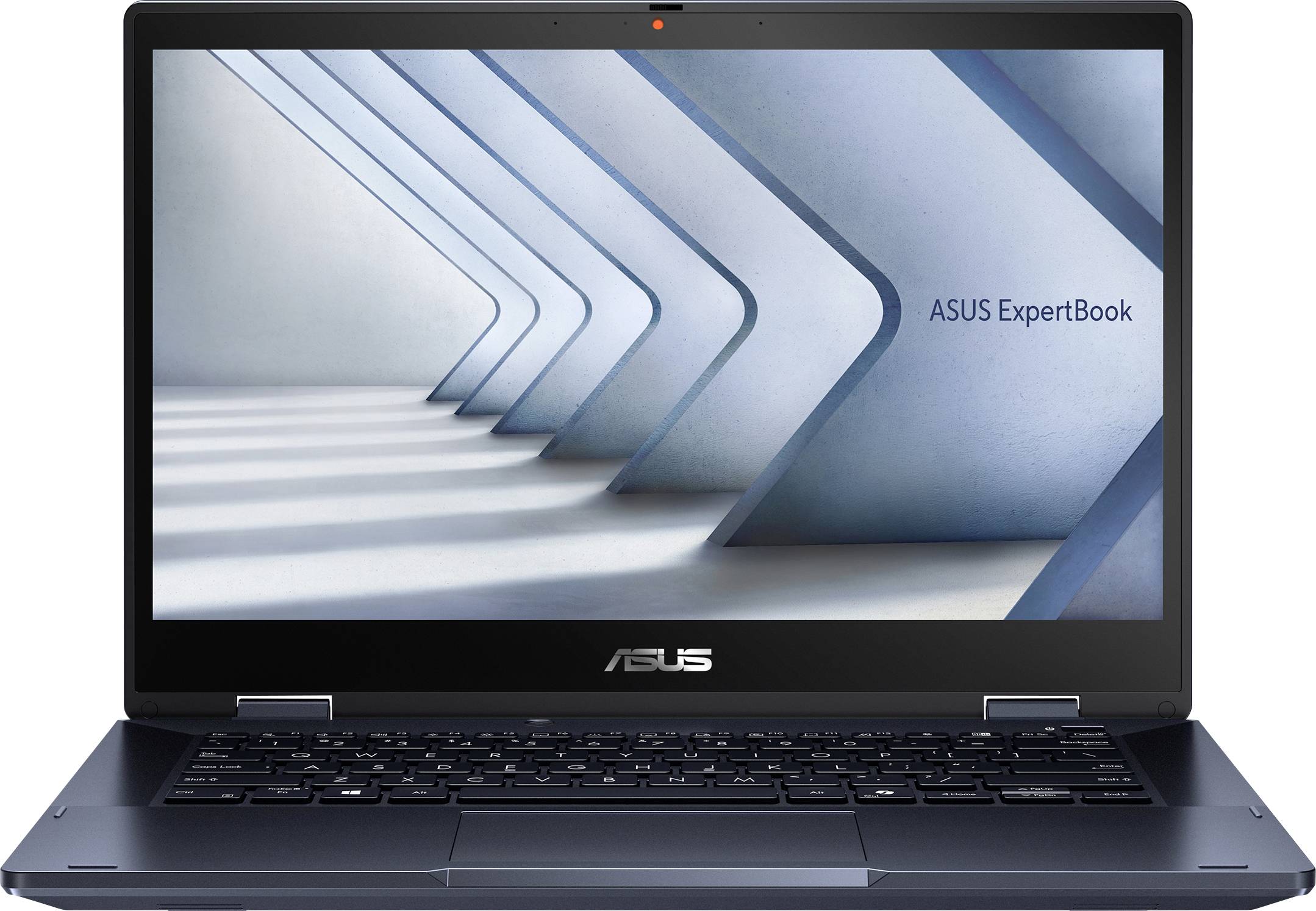 Ein Laptop mit einem abstrakten architektonischen Hintergrund auf dem Bildschirm und dem Text 'ASUS ExpertBook'. Das Gerät ist geöffnet und zeigt die Tastatur.