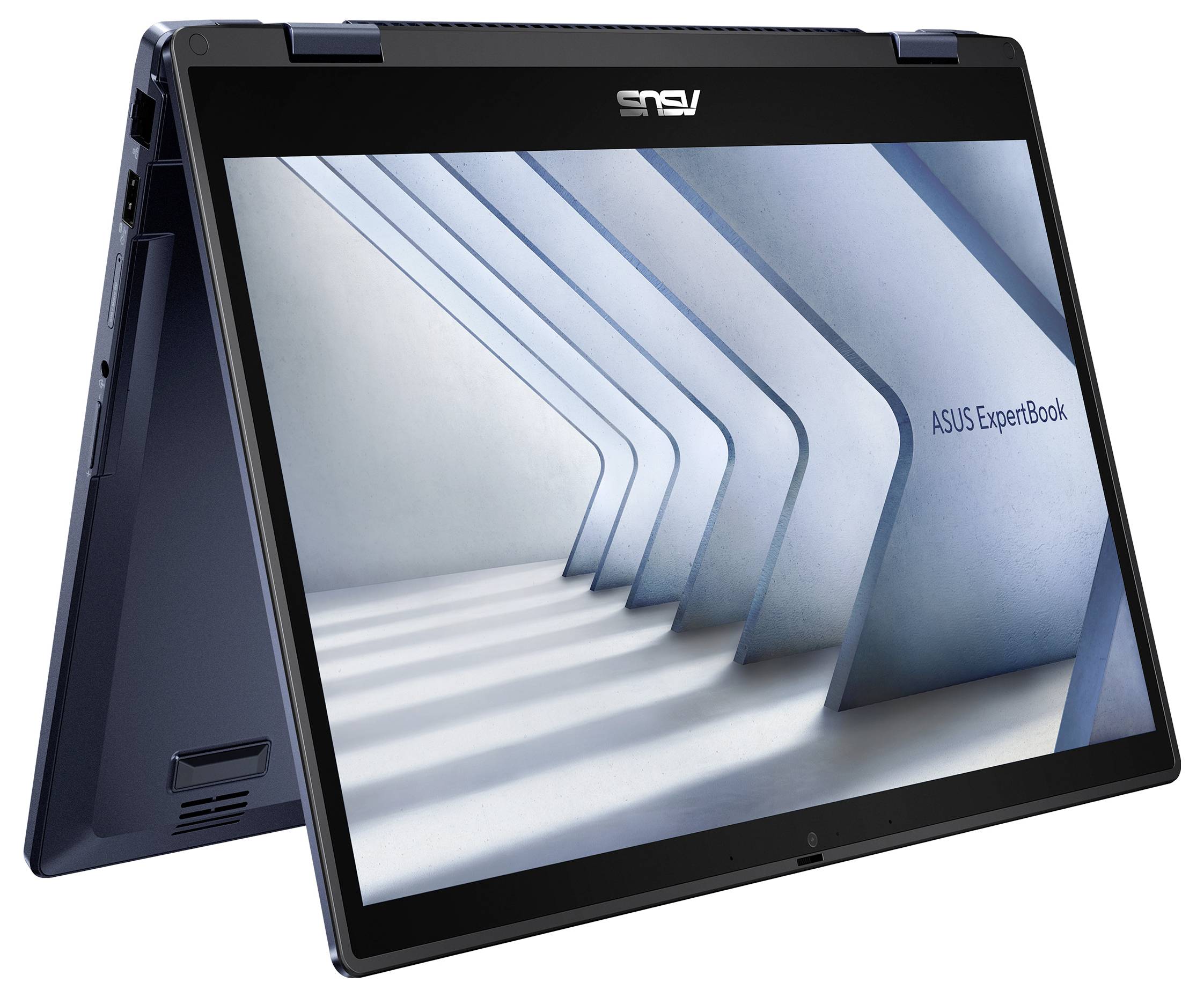 Ein blauer ASUS ExpertBook-Laptop im Zeltmodus, der ein geometrisches Design auf dem Bildschirm mit dem Text „ASUS ExpertBook