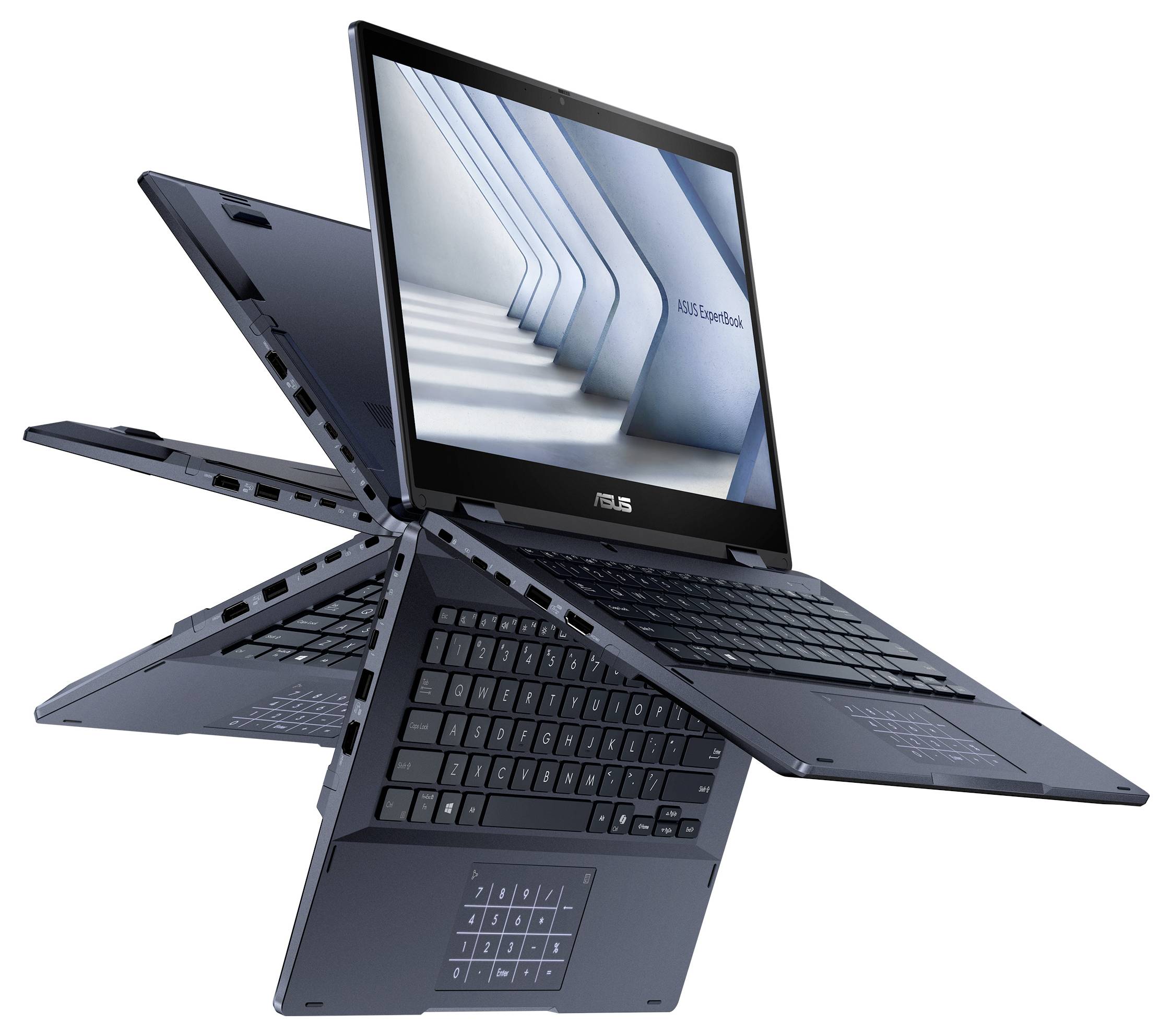 Ein Convertible-Laptop in verschiedenen Positionen, die seine Flexibilität demonstrieren, mit einem Bildschirm, der ein abstraktes Bild zeigt.