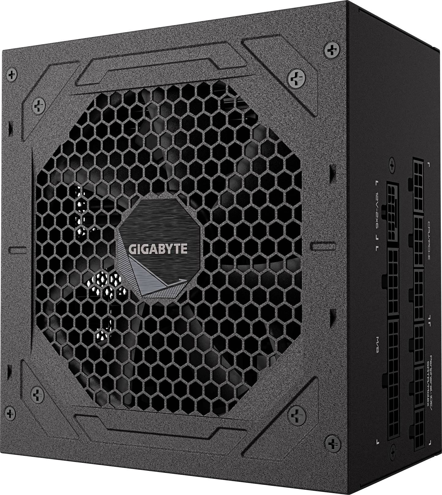 Schwarzes Netzteil der Marke 'GIGABYTE' mit sechseckiger Gitterstruktur und sichtbaren Anschlüssen an der Seite.