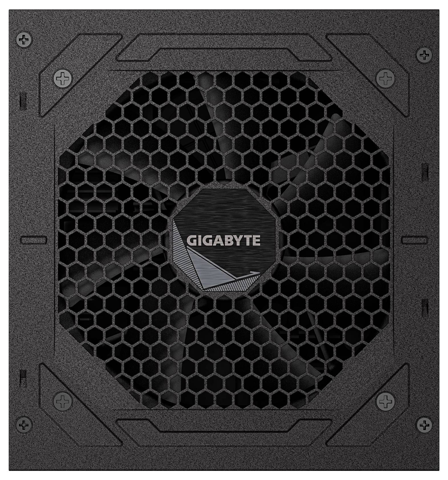 Netzteil der Marke 'Gigabyte' mit einem großen Kühlventilator und sechseckigem Lüftungsgitter.