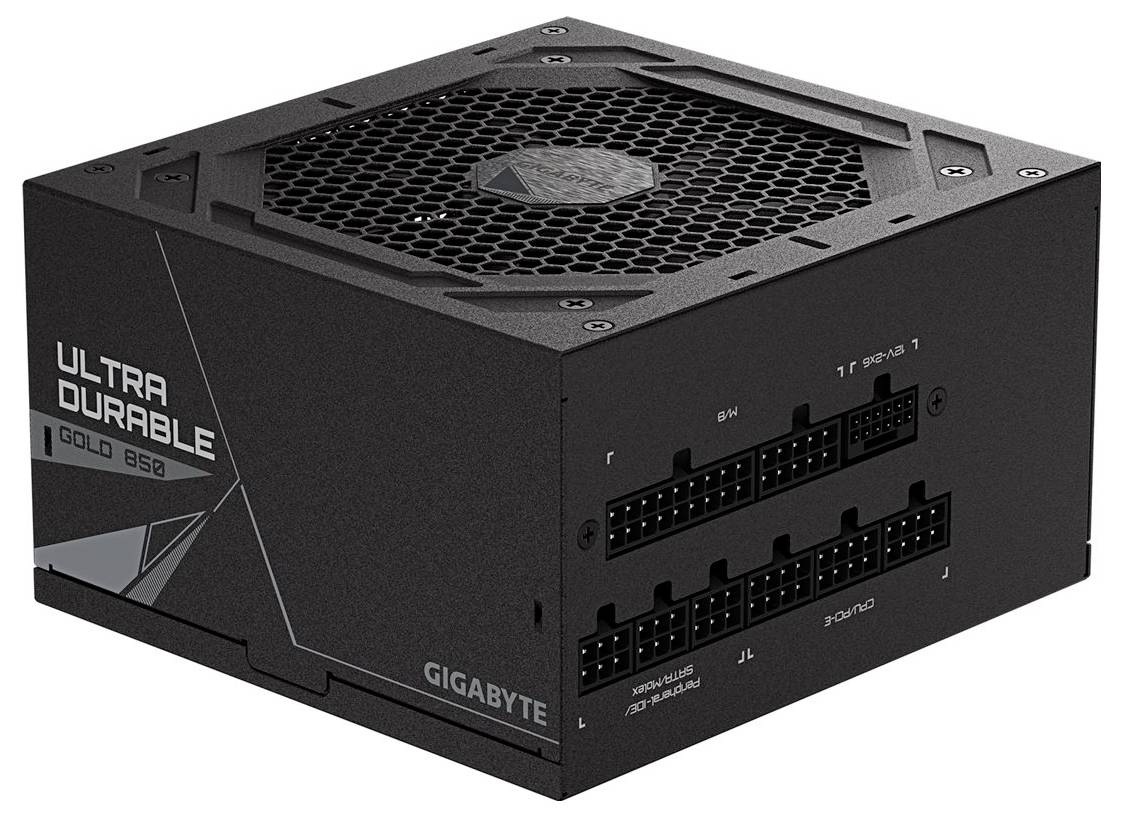 Ein Gigabyte 'Ultra Durable Gold 850' Netzteil mit mehreren Anschlüssen und einem Kühlventilator auf der Oberseite.