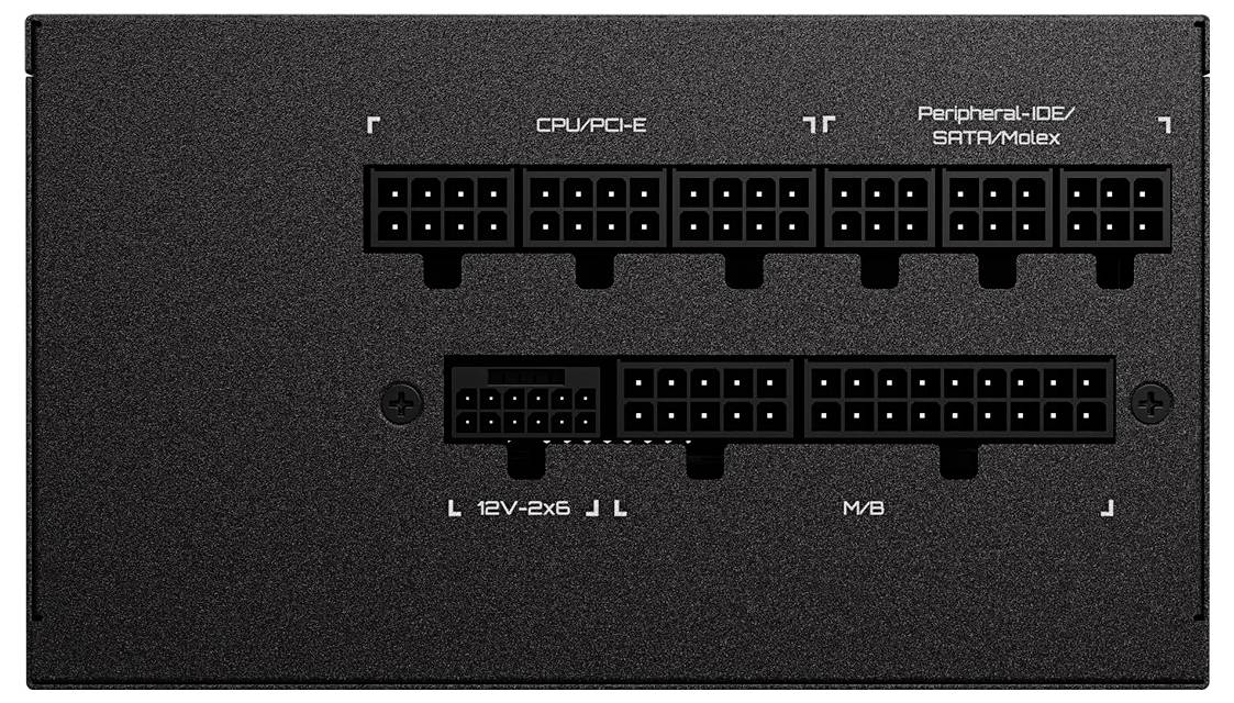 Netzteilschnittstelle mit beschrifteten Anschlüssen: 'CPU/PCI-E', 'Peripheral-IDE/SATA/Molex' und '12V-2x6'.
