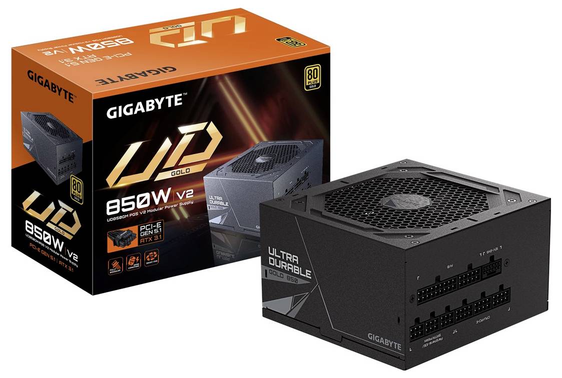 GIGABYTE UD Gold 850W V2 Netzteil zusammen mit seiner Verpackung gezeigt. Verfügt über 80 Plus Gold Zertifizierung und modulares Design für effizientes Strommanagement.