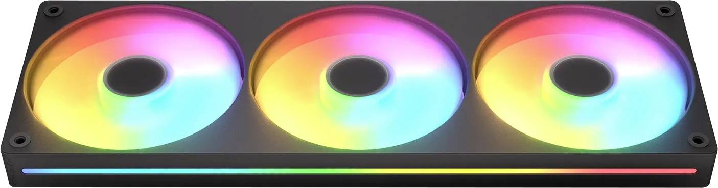 Ein Computer-Kühlkörper verfügt über drei RGB-Lüfter, die ein Spektrum von Farben ausstrahlen und in einen schwarzen Rahmen eingesetzt sind.