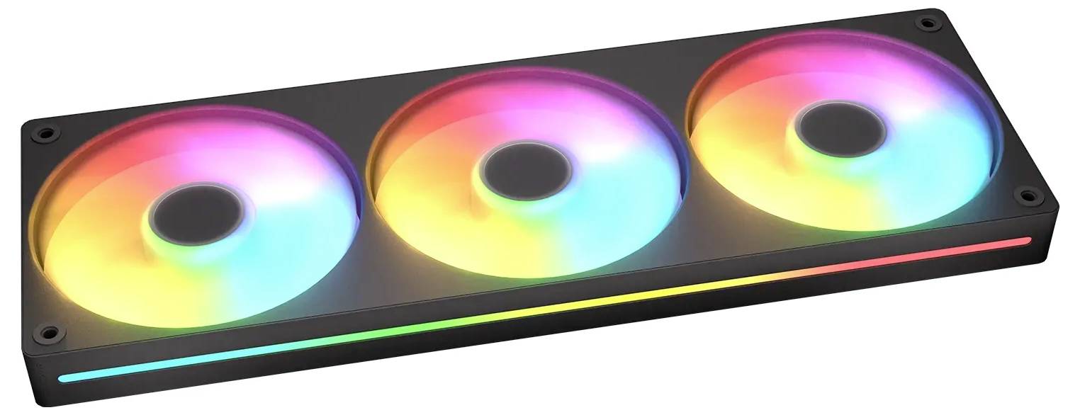 RGB-Computerkühlventilatoren in einer Reihe, die farbiges Licht ausstrahlen, werden häufig in Gaming- oder Hochleistungs-PCs zur Ästhetik und Temperaturkontrolle eingesetzt.