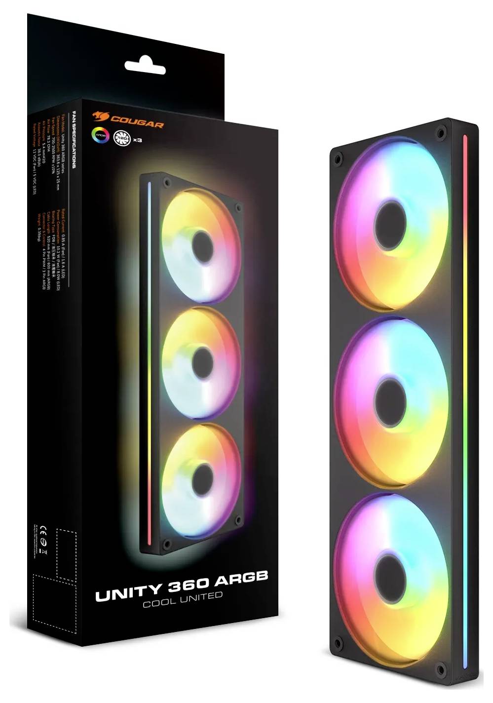 Ein Computerkühsystem mit drei RGB-Lüftern, gekennzeichnet als 'Unity 360 ARGB' von Cougar. Die Lüfter zeigen eine lebendige, mehrfarbige Beleuchtung.