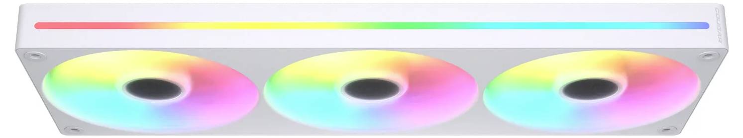 Eine weiße rechteckige LED-Lüfter-Anordnung mit drei kreisförmigen RGB-Lüftern, die ein Farbspektrum von Rot über Grün bis Blau zeigt.