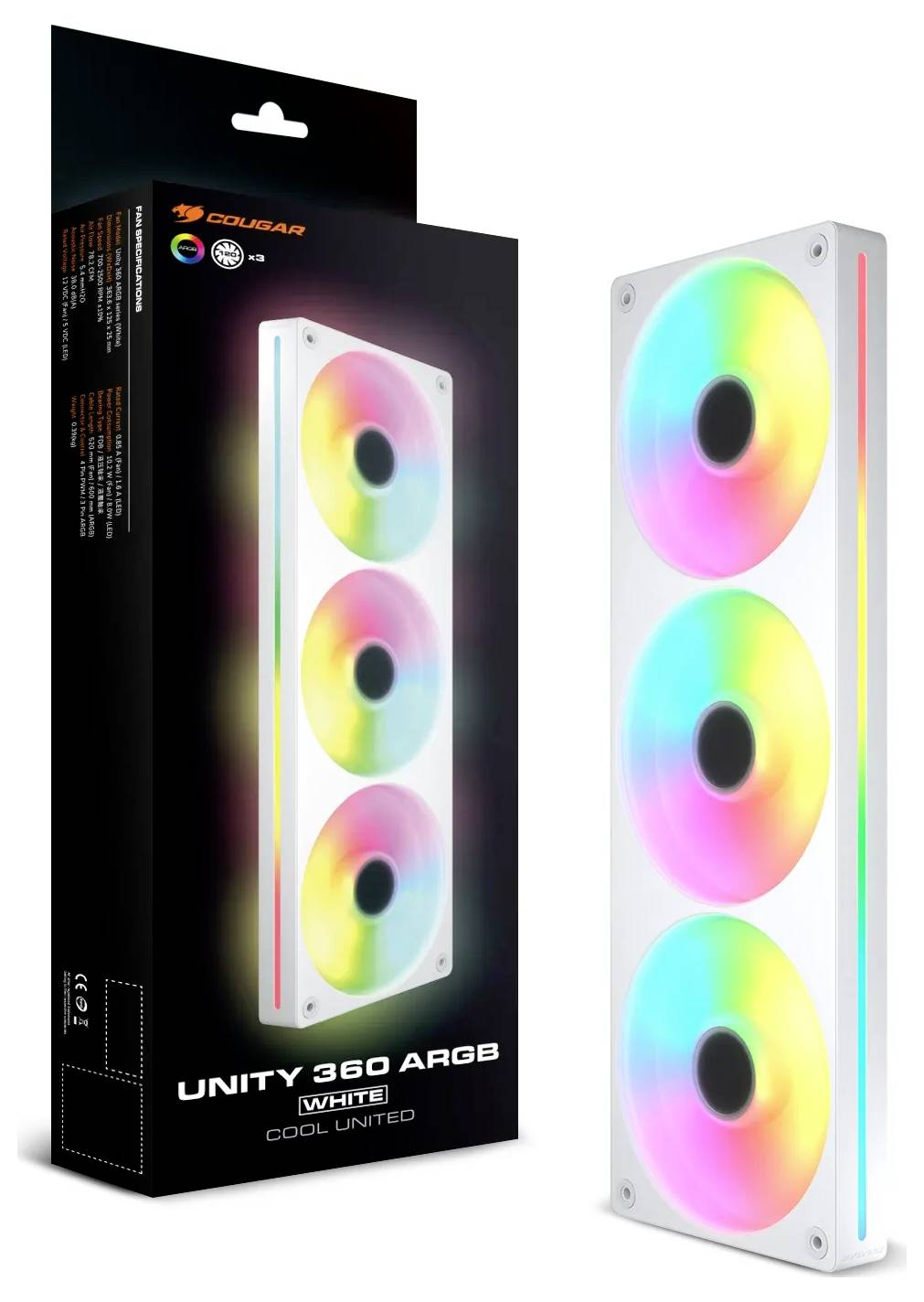 RGB-Kühlventilator-Set, 'Unity 360 ARGB White' von Cougar, mit drei farbenfrohen LED-Lüftern und seitlicher Beleuchtung, abgebildet mit seiner Verpackungsbox.