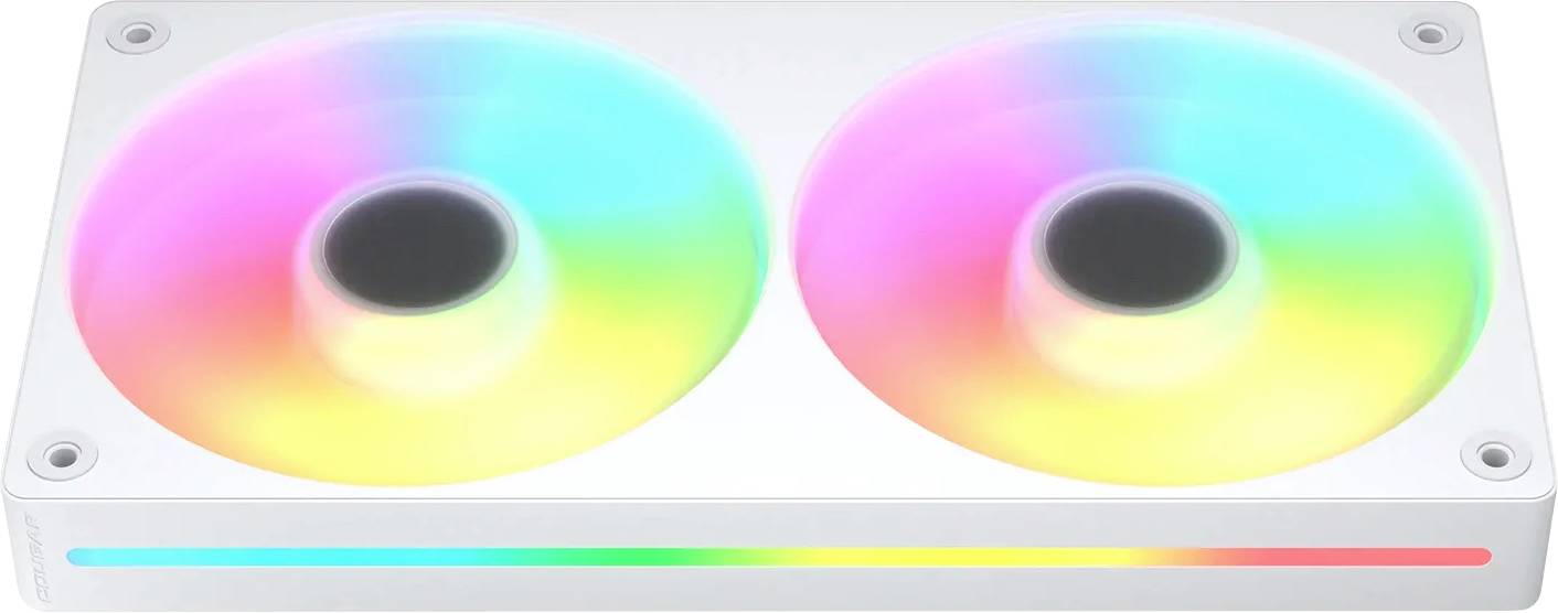 Ein weißer Computer-Kühlventilator mit zwei RGB-LED-Lüftern, die ein Spektrum an Farben darstellen.