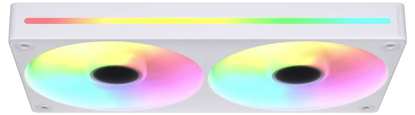 Ein Computerlüfter mit zwei kreisförmigen Elementen, der ein Regenbogenspektrum von LED-Lichtern zeigt und in einem rechteckigen weißen Gehäuse untergebracht ist.