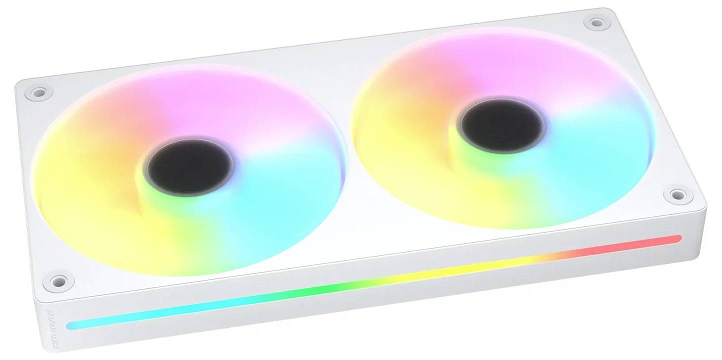 Eine rechteckige Computer-Kühleinheit mit zwei großen RGB-LED-Lüftern, die Regenbogenfarben ausstrahlen.