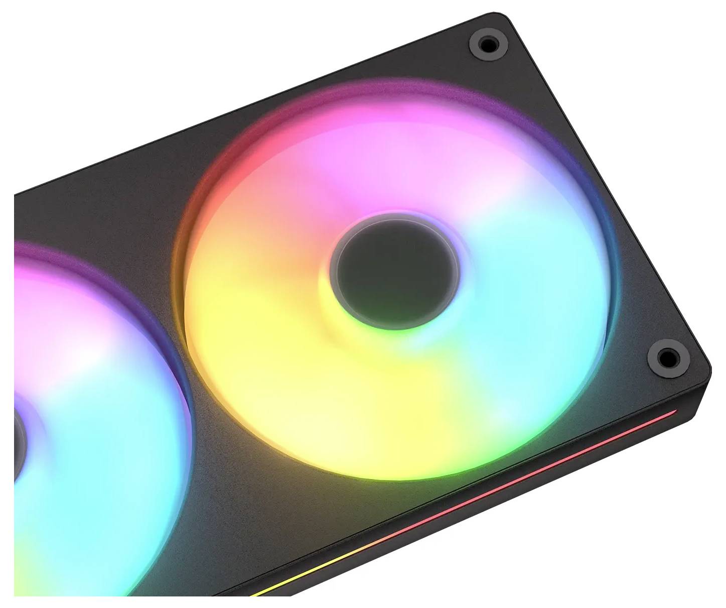 Ein Computerlüfter strahlt lebendige, mehrfarbige LED-Lichter aus, die Nuancen von Rosa, Orange, Gelb, Grün und Blau in einem rechteckigen Gehäuse verschmelzen.