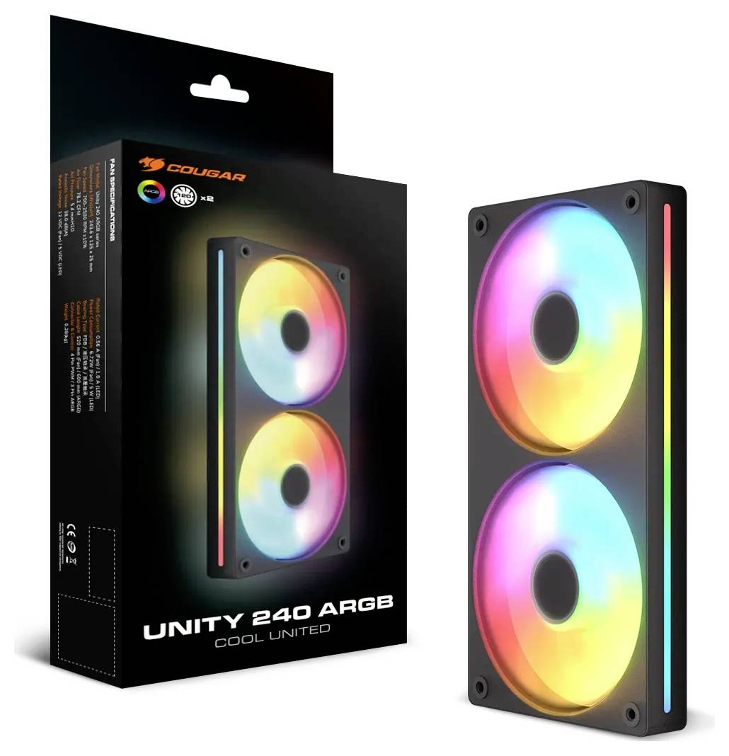 Ein 240mm ARGB-Kühlventilator-Set mit zwei kreisförmigen Ventilatoren, die mit Regenbogen-LED-Beleuchtung ausgestattet sind, neben seiner Verpackung präsentiert.