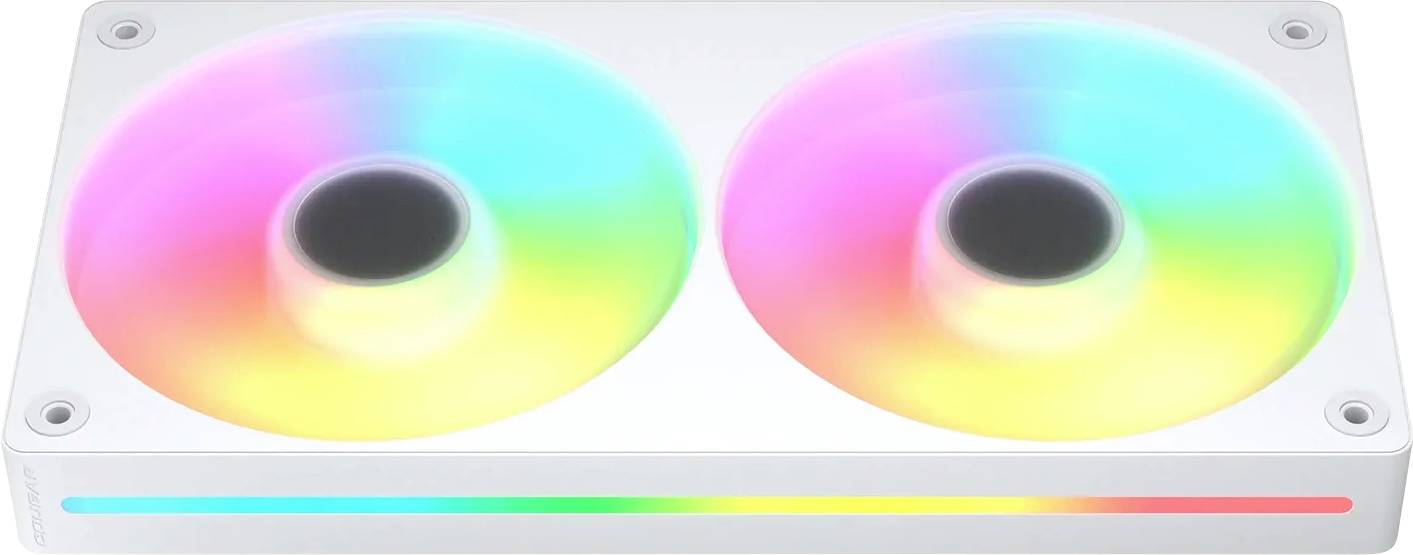 Ein weißes rechteckiges Kühlgerät mit zwei RGB-beleuchteten kreisrunden Lüftern, die jeweils ein Farbspektrum zeigen, vor einem schlichten Hintergrund.