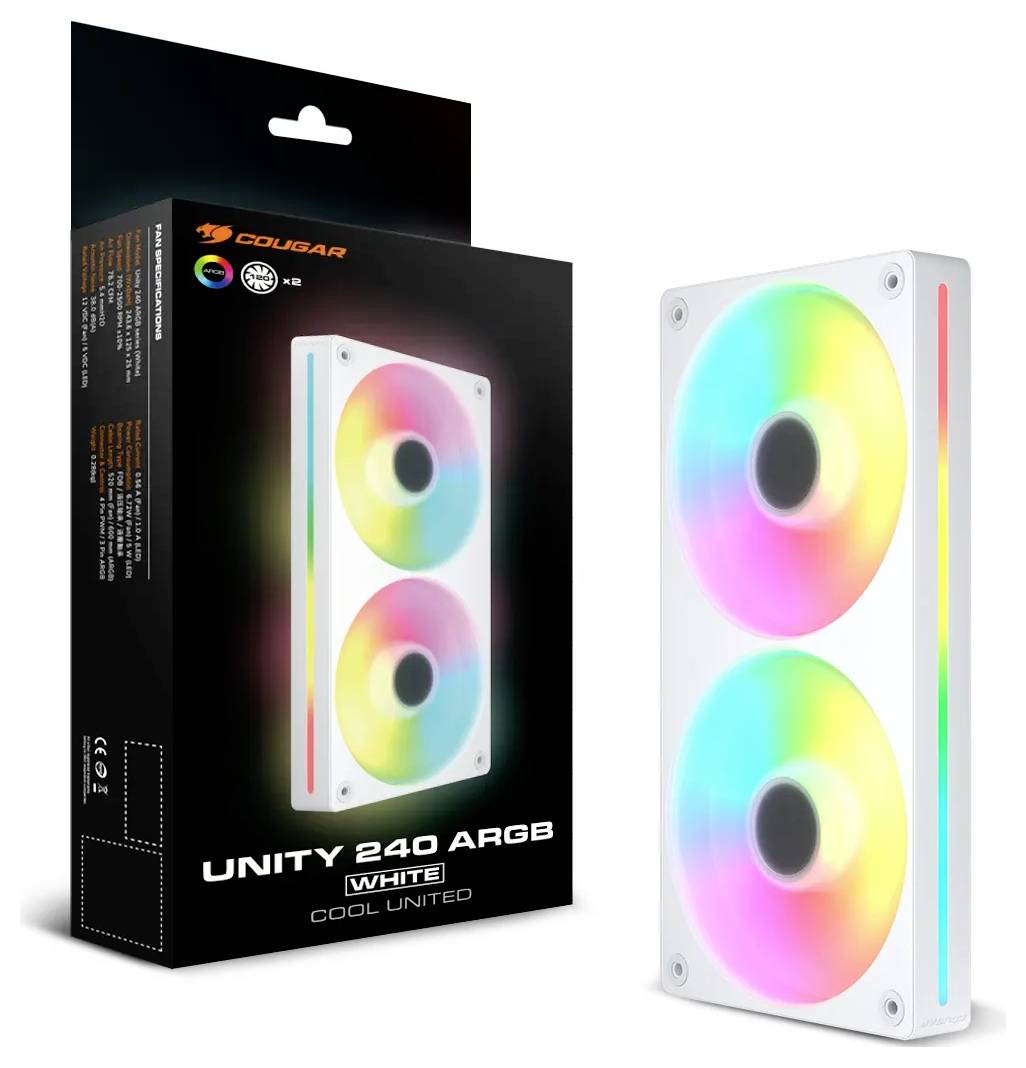 'COUGAR Unity 240 ARGB, Weiß' Lüfter-Kühler-Gehäuse und Produkt. Doppelte RGB-beleuchtete Lüfter; zum Kühlen und für ästhetische PC-Builds.