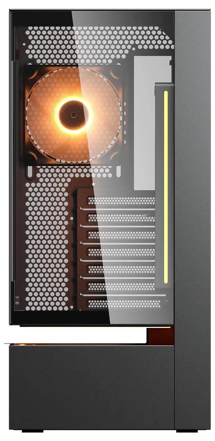 Ein schlankes Computergehäuse mit einer transparenten Seitenscheibe zeigt einen beleuchteten Lüfter mit einem orangefarbenen Leuchten, mehreren Steckplätzen und einem vertikalen LED-Streifen.