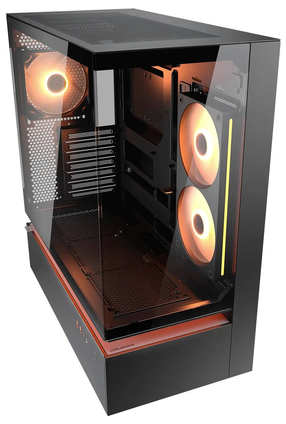 Ein schwarzes Computergehäuse mit transparenter Seitenscheibe offenbart eine Innenbeleuchtung mit RGB-Elementen und Lüftern, die einen leuchtenden orangefarbenen Glanz erzeugen.