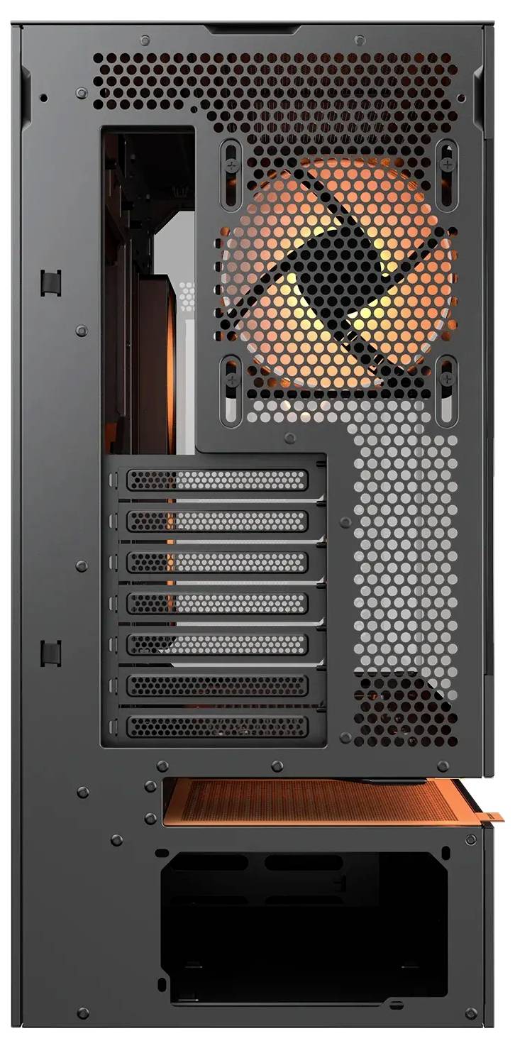 Die Rückseite eines schwarzen Computergehäuses mit einem einzelnen Lüfter, Erweiterungssteckplätzen und Netzteilöffnung, die die Belüftung und Anordnung hervorhebt.