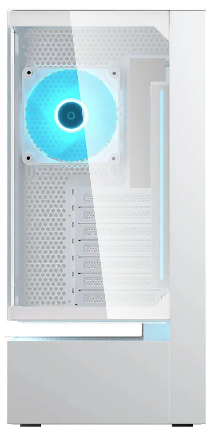 Ein weißes Computergehäuse mit einer Glasseite, die einen beleuchteten blauen Lüfter im Inneren zeigt. Das Gehäuse verfügt über mehrere Erweiterungssteckplätze.
