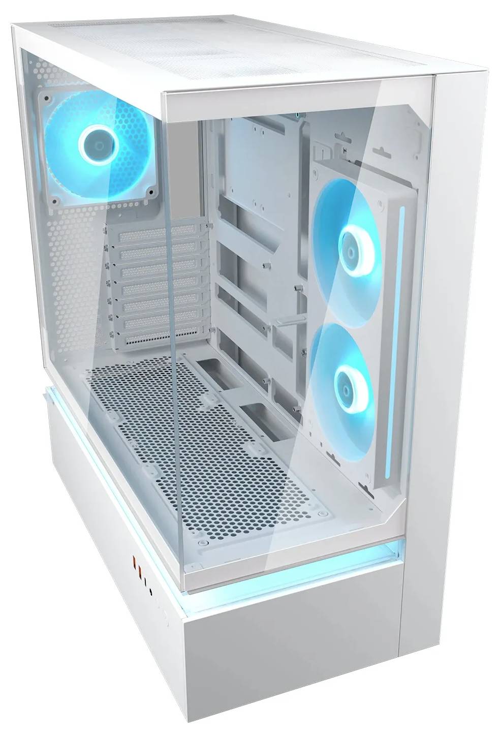 Ein weißes PC-Gehäuse mit drei beleuchteten Lüftern und transparentem Seitenpanel, das einen leeren Innenraum zeigt, der für die Komponenteninstallation bereit ist.