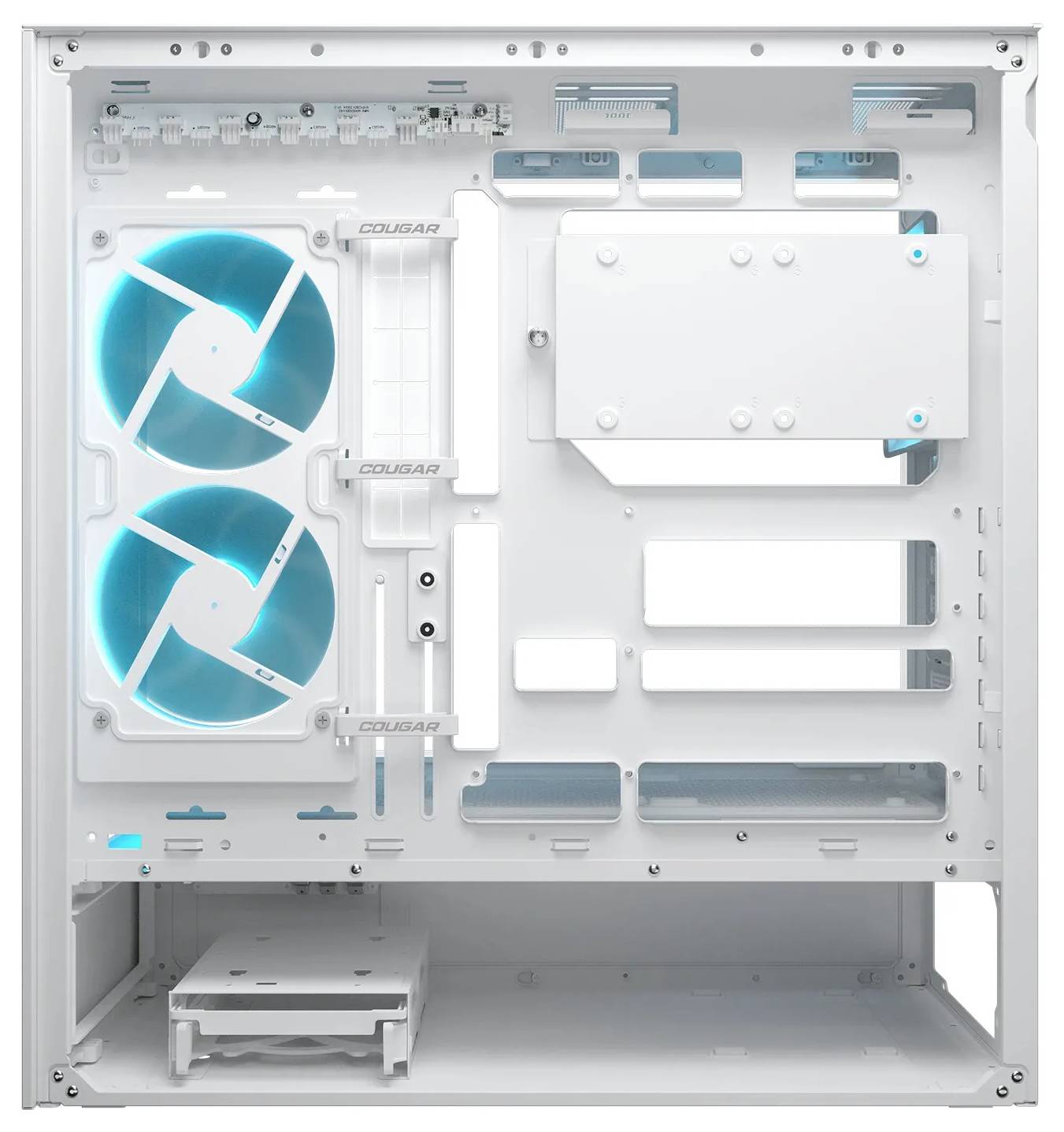 Ein weißes Computergehäuse mit zwei großen, blau beleuchteten Lüftern auf der linken Seite, mehreren Fächern und einem Seitenpanel aus gehärtetem Glas, das für individuelle Anpassungen konzipiert ist.