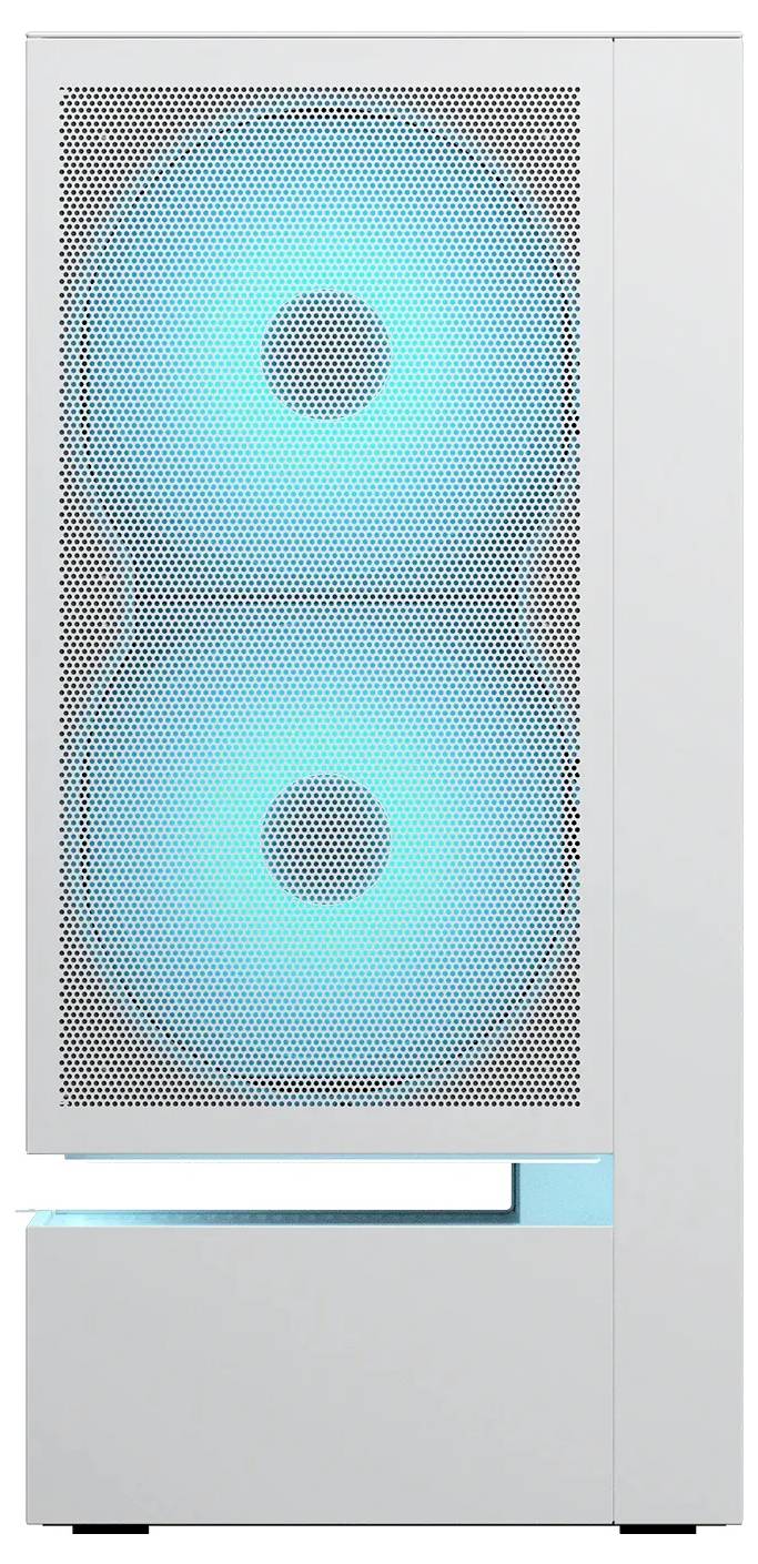 Ein weißer Computertower mit zwei großen, blaue Licht ausstrahlenden Lüftern, die durch ein Gittergehäuse sichtbar sind.