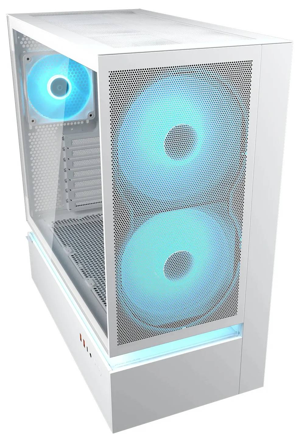 Ein weißes Computergehäuse mit blauen LED-Lüftern, die vorne und hinten sichtbar sind, mit einem Gitterdesign für Belüftung und einer beleuchteten Basis.