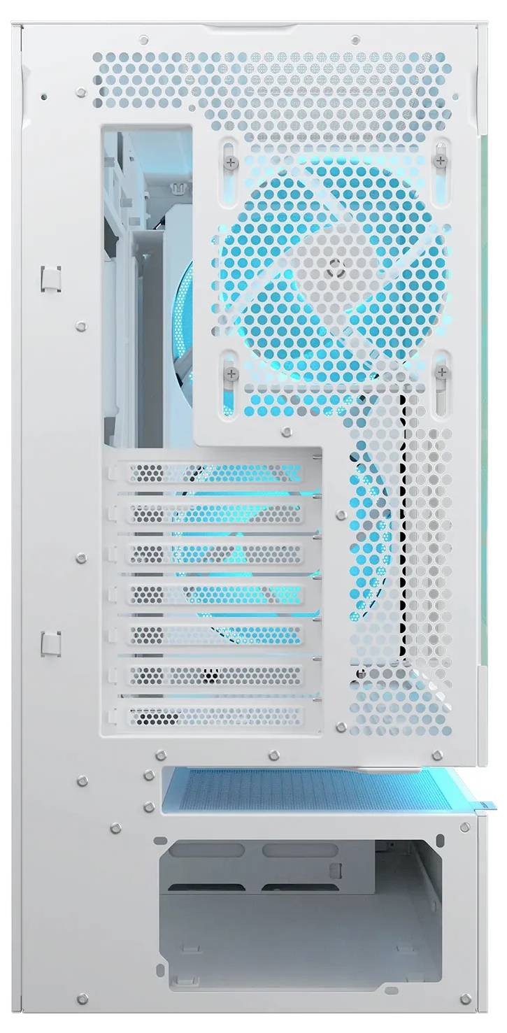 Ein weißer Computertower mit einem Gitter-Rückpanel zeigt große interne Kühlventilatoren, die mit blauem Licht leuchten und die Kühlungseigenschaften hervorheben.