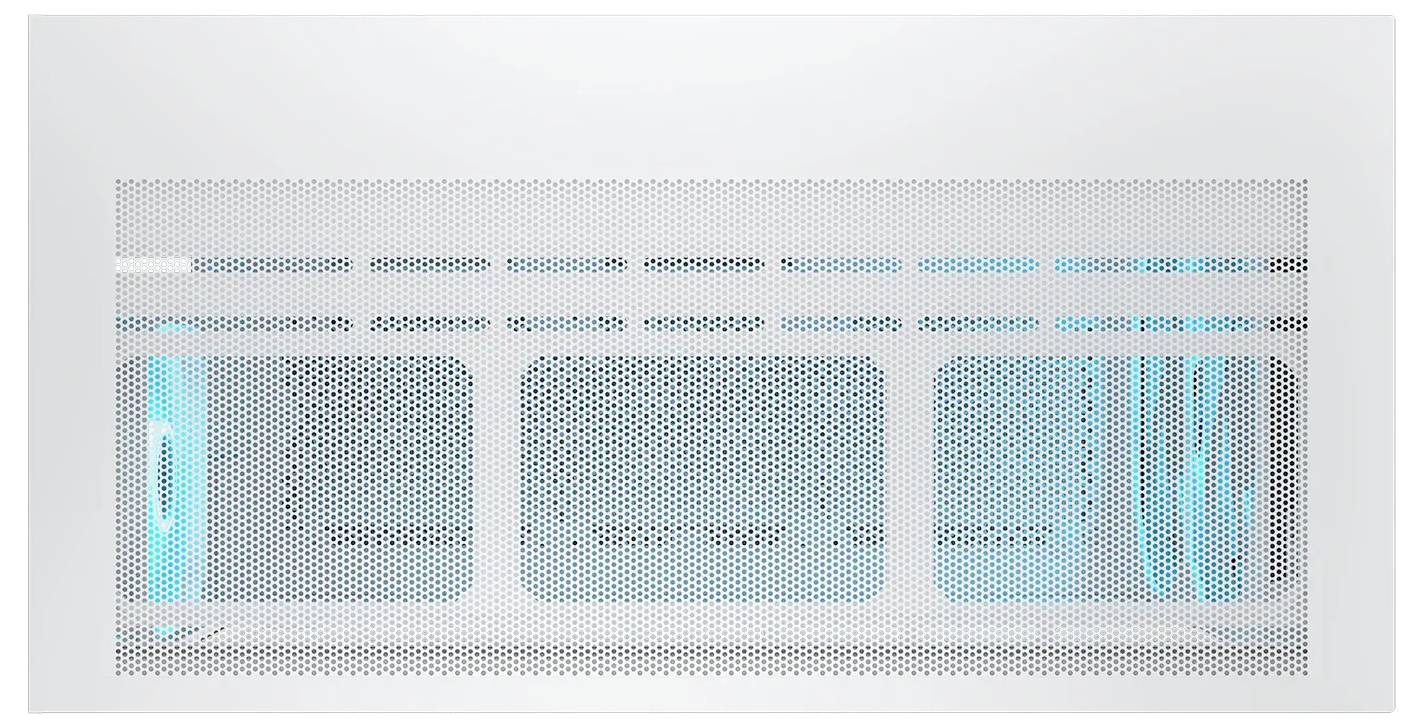 Eine Klimaanlage mit rechteckigem Lüftungsauslass und sichtbarem blauem Licht, das den Betrieb anzeigt. Das Design ist modern und elegant.