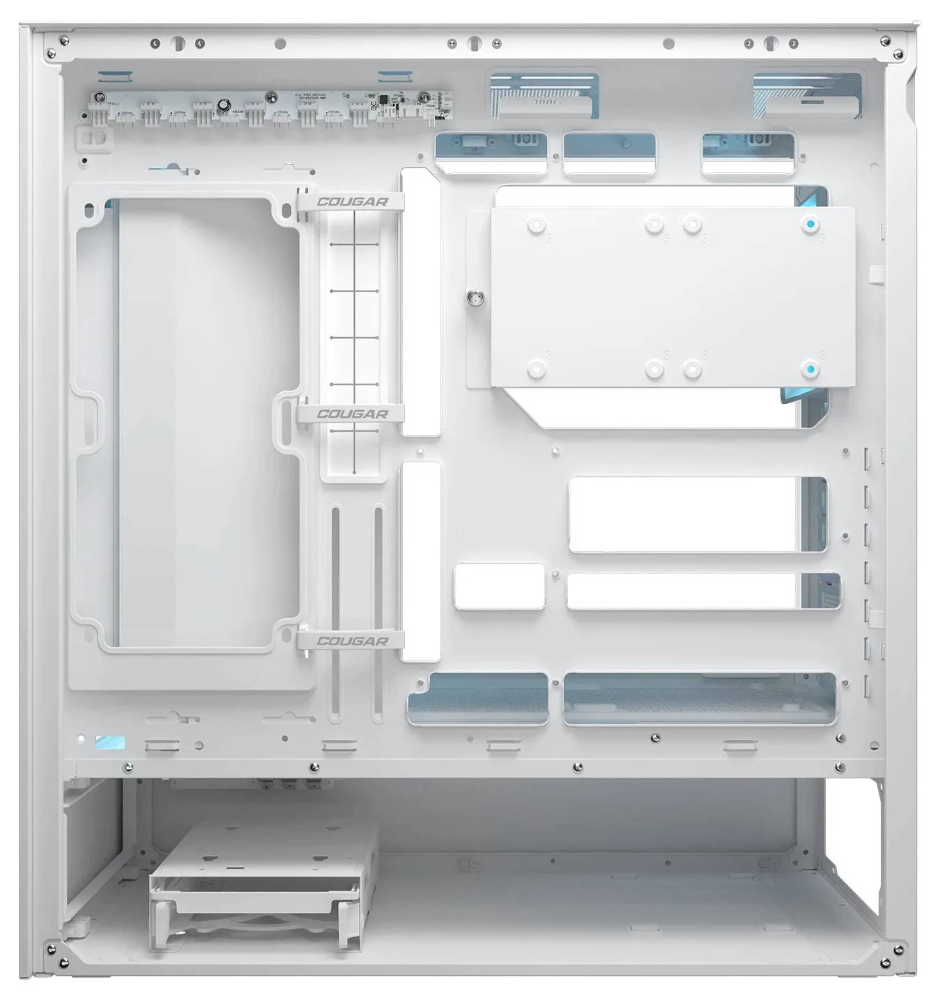 Ein weißer Computer-Tower, von der Seite betrachtet, mit mehreren Fächern und Einschüben für Komponenten, einschließlich Laufwerkschächten und Montagepunkten für das Motherboard.
