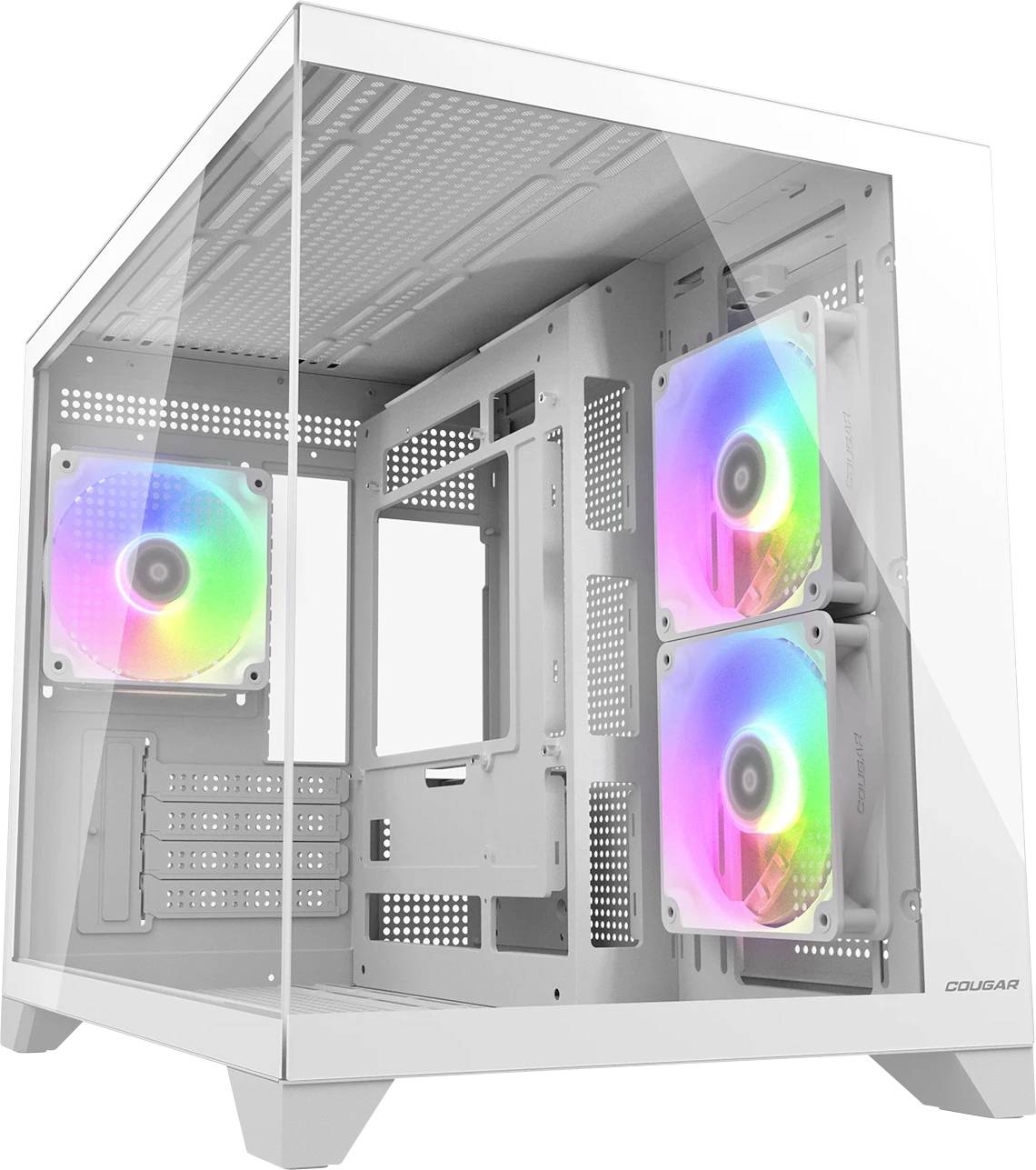 Ein weißes Computergehäuse mit transparentem Seitenpanel, das interne LED-Lüfter zeigt, die in mehreren Farben leuchten.